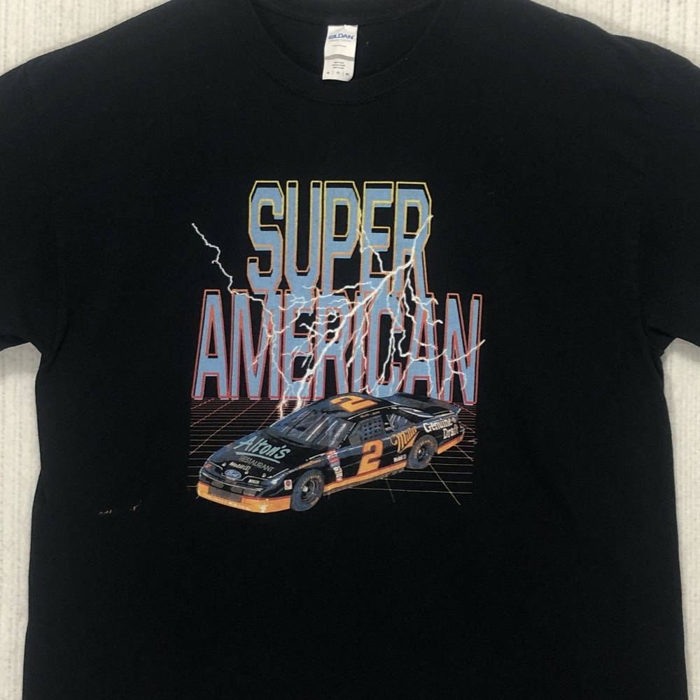 Super American Race Car Graphic T-Shirt Gildan Mens XL Black Miller #2 Lightning